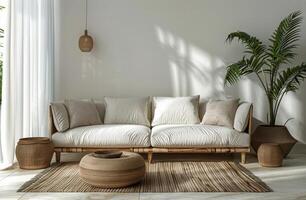 ai generado moderno vivo habitación con blanco sofá y en conserva plantas foto