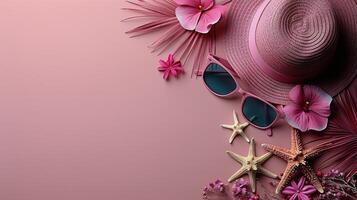ai generado rosado sombrero, Gafas de sol, estrella de mar, flores en rosado antecedentes foto
