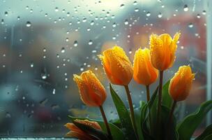 ai generado cerca arriba de florero de flores por ventana foto