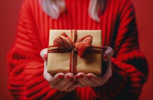 AI generated Woman Holding Red Gift Box photo