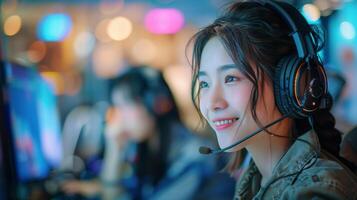 AI generated Woman Wearing Headset Smiling photo
