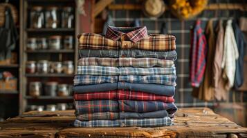 AI generated Stack of Plaid Shirts on Wooden Table photo