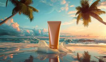 AI generated Tube of Sunscreen on Beach With Palm Trees photo