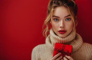 AI generated Woman Holding Red Gift Box photo