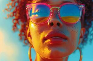 ai generado mujer vistiendo Gafas de sol siguiente a palma árbol foto