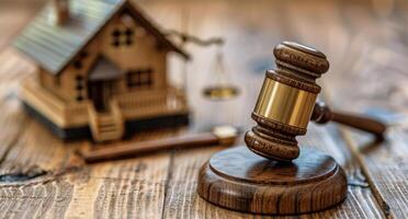 AI generated Wooden Judges Gavel Beside a House photo