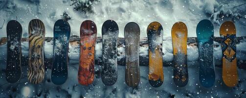 ai generado grupo de tablas de snowboard en pila de nieve foto