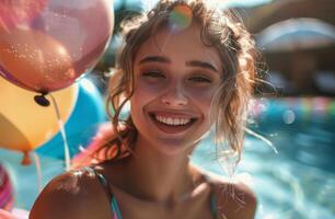 ai generado mujer en pie en piscina con globos foto