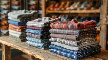 AI generated Stack of Plaid Shirts on Wooden Table photo