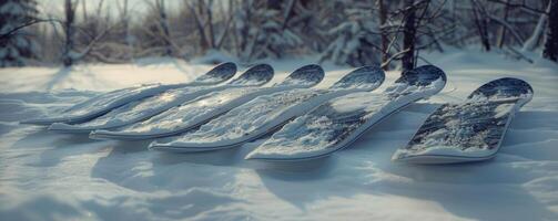 ai generado grupo de tablas de snowboard en pila de nieve foto