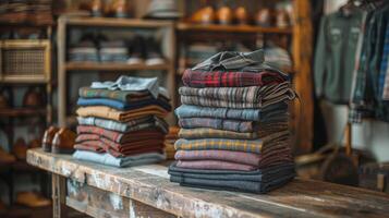 AI generated Stack of Plaid Shirts on Wooden Table photo