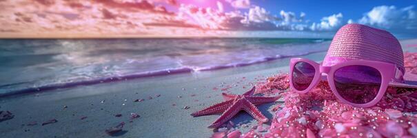 ai generado rosado sombrero, Gafas de sol, estrella de mar, flores en rosado antecedentes foto