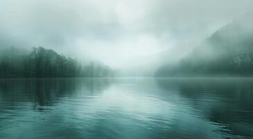 AI generated Foggy Day Lake Surrounded by Trees photo