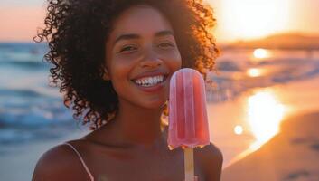 AI generated Woman Holding a Popsicle on the Beach photo