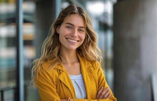 AI generated Woman in Yellow Jacket Smiles at Camera photo