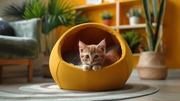 AI generated Cat Laying in Yellow and Blue Cat Bed photo