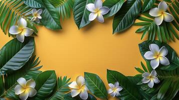 AI generated Yellow Background With White Flowers and Green Leaves photo