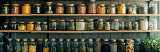 AI generated Shelf Filled With Various Spices photo