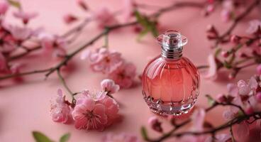 AI generated Perfume Bottle Next to Pink Flowers photo