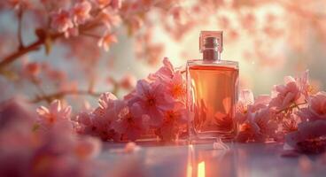 AI generated Perfume Bottle Next to Flowers on Window Sill photo