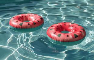 ai generado dos inflable flotadores flotante en un piscina foto