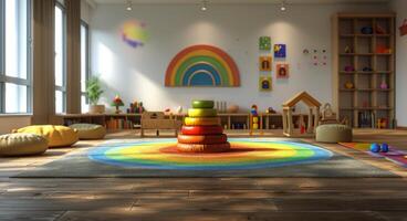 AI generated Childs Playroom With Toys and Bookshelves photo