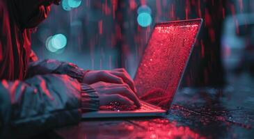 AI generated Person Sitting at Table Using Laptop Computer photo