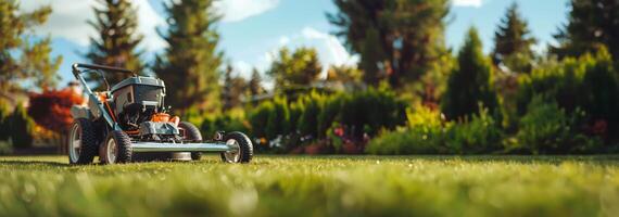 AI generated Lawn Mower on Lush Green Field photo