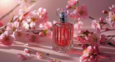 AI generated Perfume Bottle Next to Pink Flowers photo