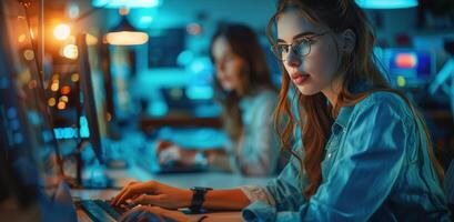 AI generated Woman Sitting at Computer With Headphones On photo