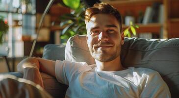 AI generated Man Sitting on Couch Smiling photo