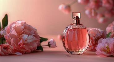 ai generado perfume botella siguiente a rosado flores foto