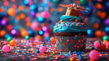 AI generated Cupcake With Graduation Cap and Confetti photo