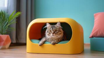 AI generated Cat Laying in Yellow and Blue Cat Bed photo