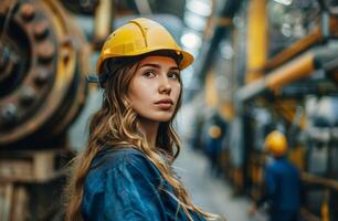 AI generated Woman in Hard Hat Standing in Factory photo