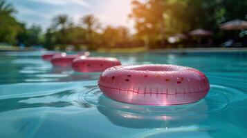 ai generado fila de inflable flotadores en un piscina foto