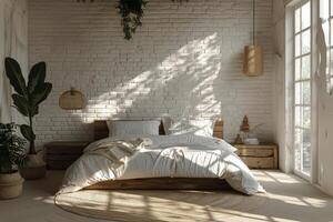 AI generated Bedroom With White Brick Walls and Large Bed photo