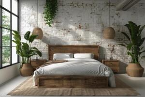AI generated Bedroom With White Brick Walls and Large Bed photo
