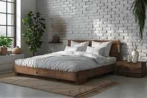 ai generado dormitorio con blanco ladrillo paredes y grande cama foto