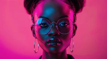 AI generated Woman Wearing Glasses Against Pink Background photo