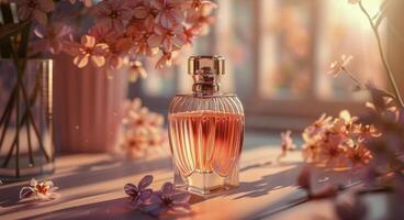 AI generated Perfume Bottle Next to Flowers on Window Sill photo