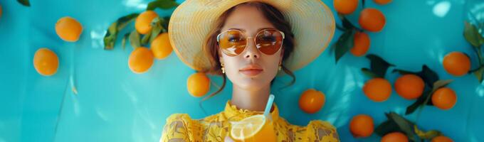 AI generated Woman in Yellow Dress and Hat Surrounded by Oranges photo
