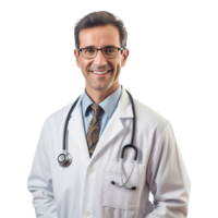 AI generated A smiling doctor with glasses and a white lab coat isolated on transparent background png