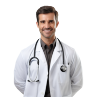 ai generado un sonriente médico con lentes y un blanco laboratorio Saco aislado en transparente antecedentes png