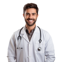 ai generado un sonriente médico con lentes y un blanco laboratorio Saco aislado en transparente antecedentes png