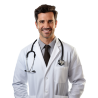 AI generated A smiling doctor with glasses and a white lab coat isolated on transparent background png