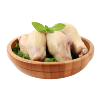 ai généré Frais brut poulet dans en bois bol isolé sur transparent Contexte png