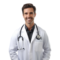 ai generado un sonriente médico con lentes y un blanco laboratorio Saco aislado en transparente antecedentes png