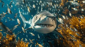 ai generado genial blanco tiburón nadando mediante colegio de pescado foto