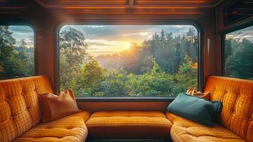 ai generado sofá en frente de ventana en un tren foto